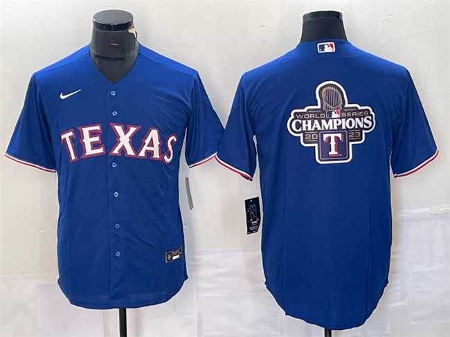 Men%27s Texas Rangers Royal 2023 World Series Champions Big Logo Cool Base Stitched Baseball Jersey1